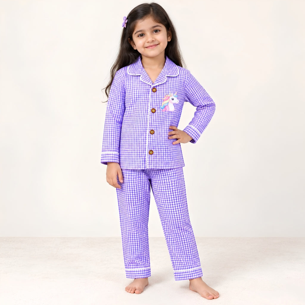 Cotton Full Sleeves Unicorn Sticker Purple Gingham Shirt & Pajama Nightsuit Set for Girls