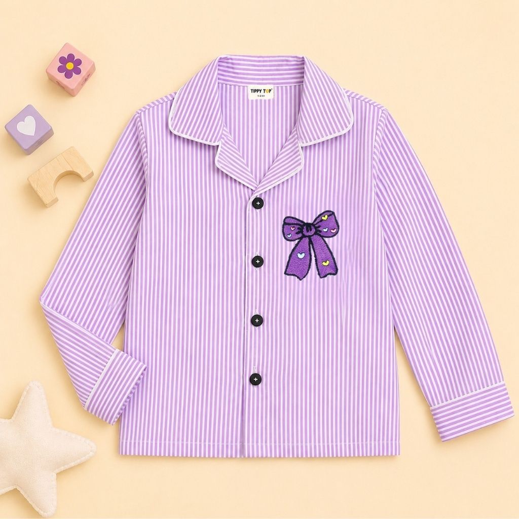 Girls Lavender Striped Cotton Night Suit With Bow Patch | Full Sleeves