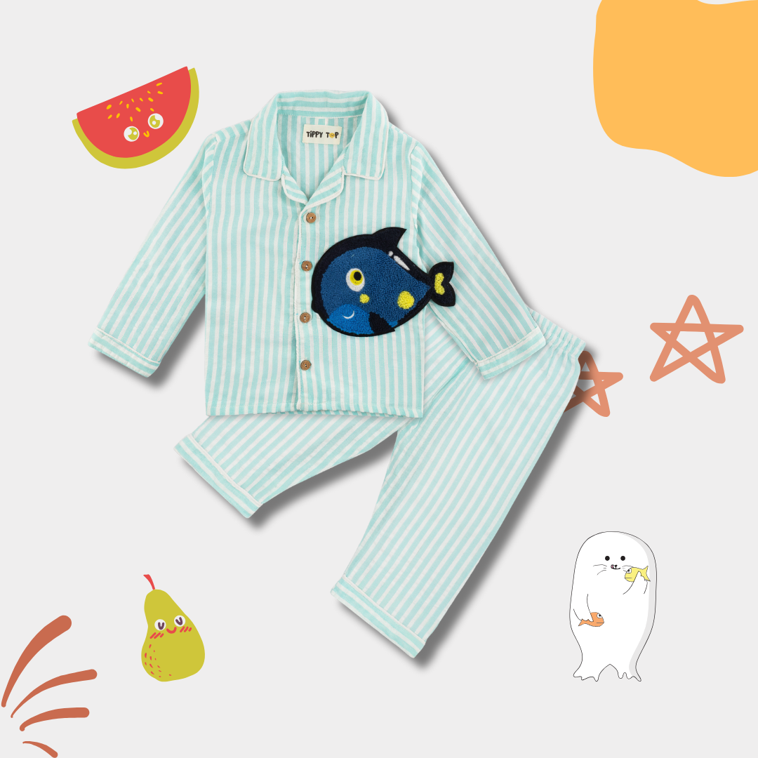 Light Blue Fish Patch Nightsuit Set
