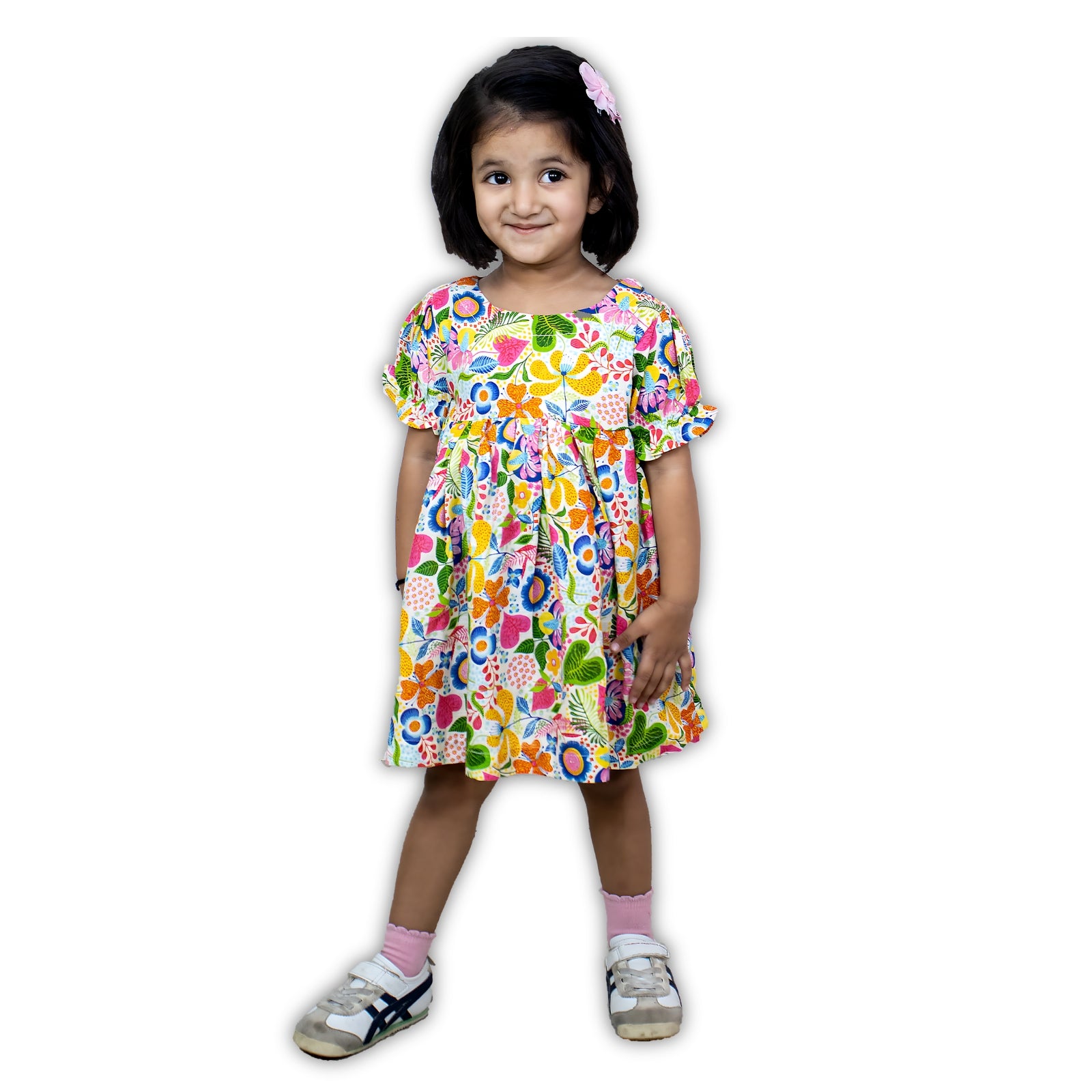 Girls Multicolor Floral Puff Sleeve Dress — Casual / Party Wear