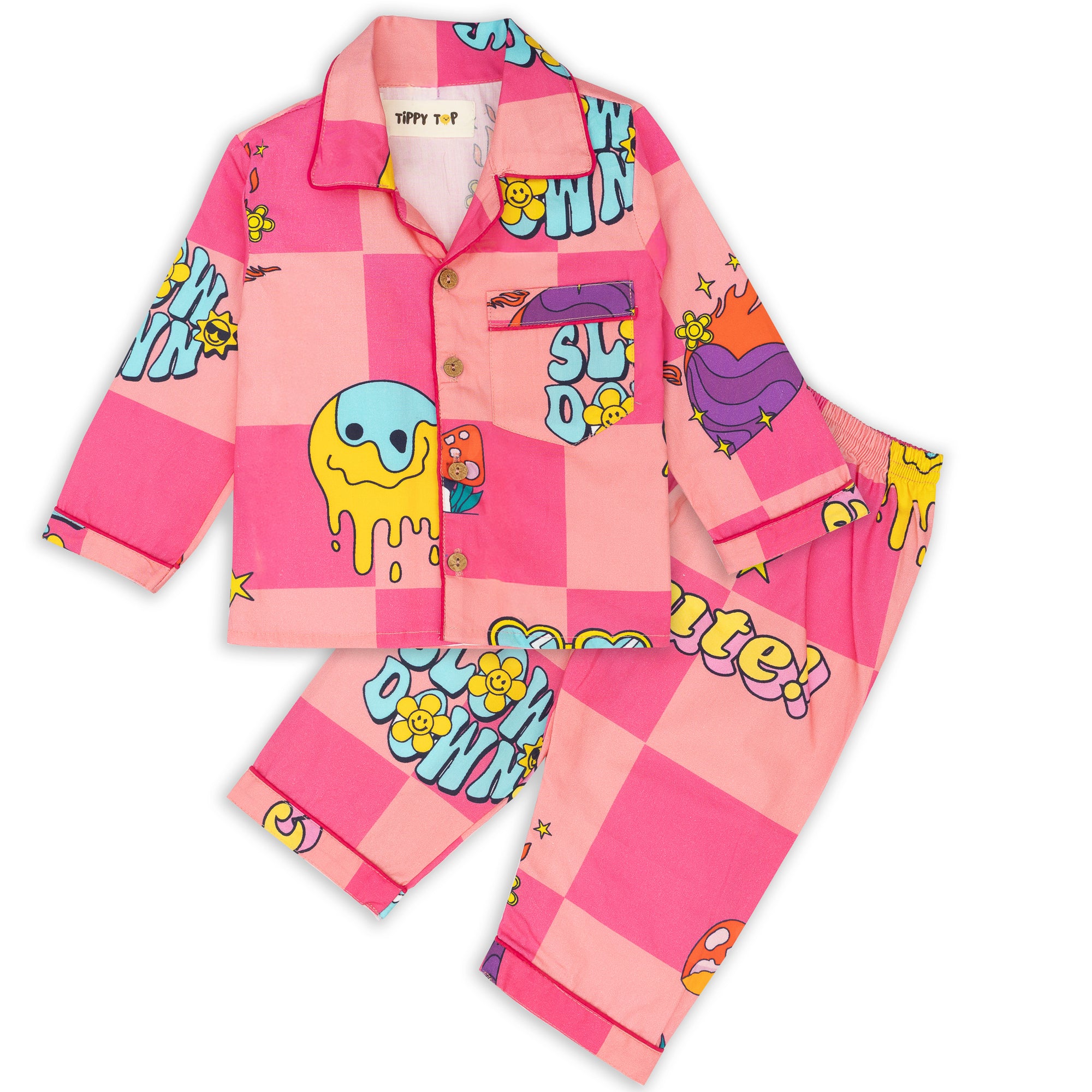 Pink Cotton Quirky Printed Nightsuit Set