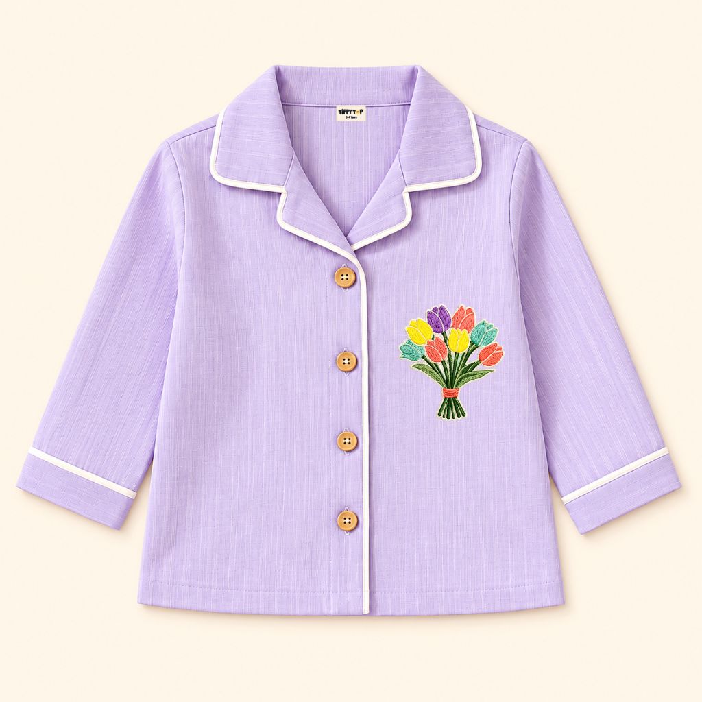 Kids Lavender Cotton Night Suit with Floral Patch