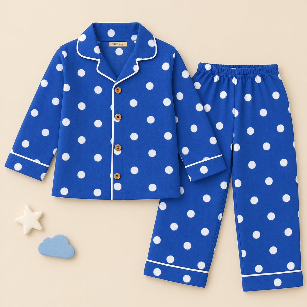 Cotton Full Sleeves Blue White Polka Dot Shirt & Pajama Nightsuit Set for Kids