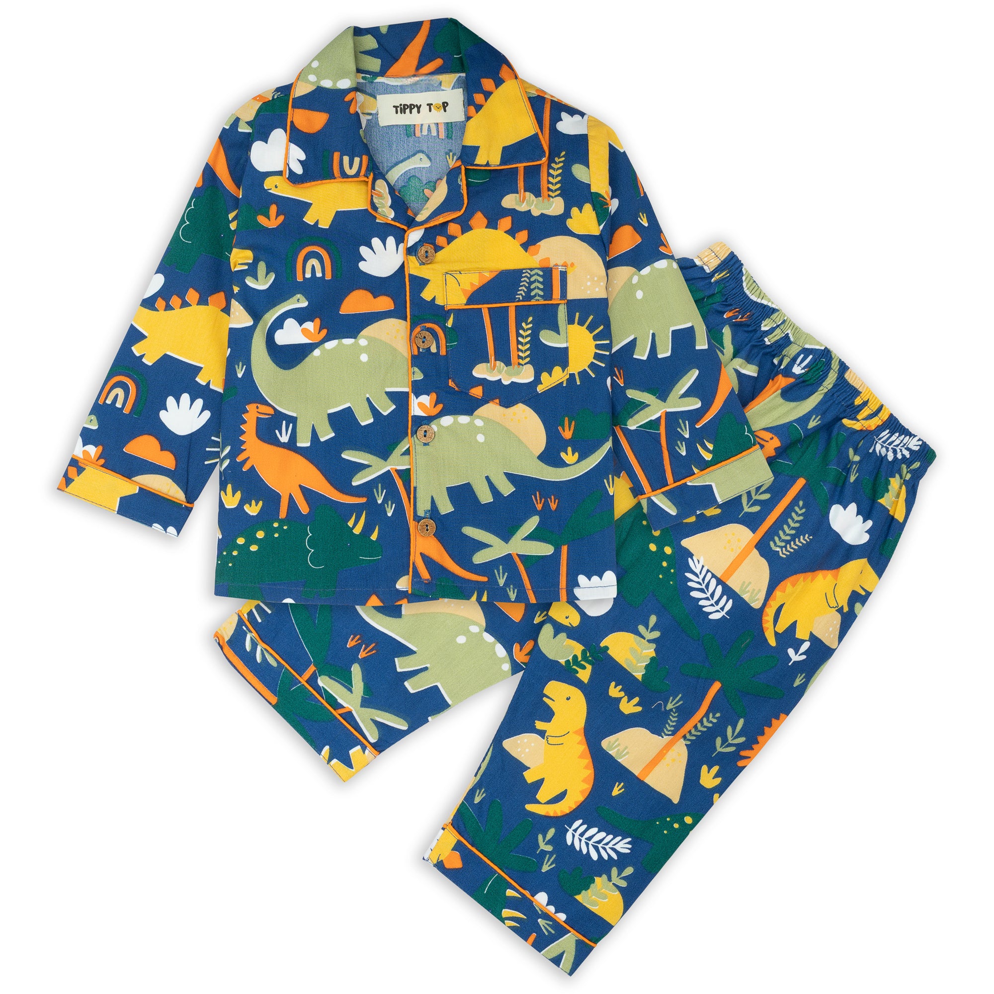 Blue Cotton Dinosaur Printed Nightsuit Set
