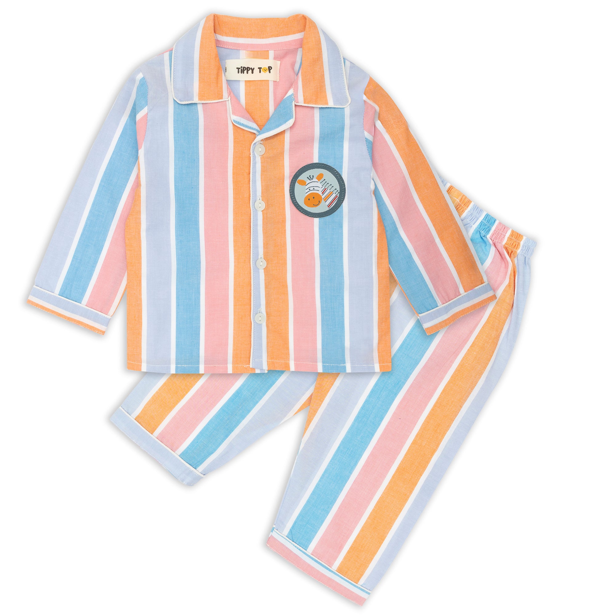 Giraffe ‑ Patch Striped Cotton Nightsuit –  Full‑Sleeves