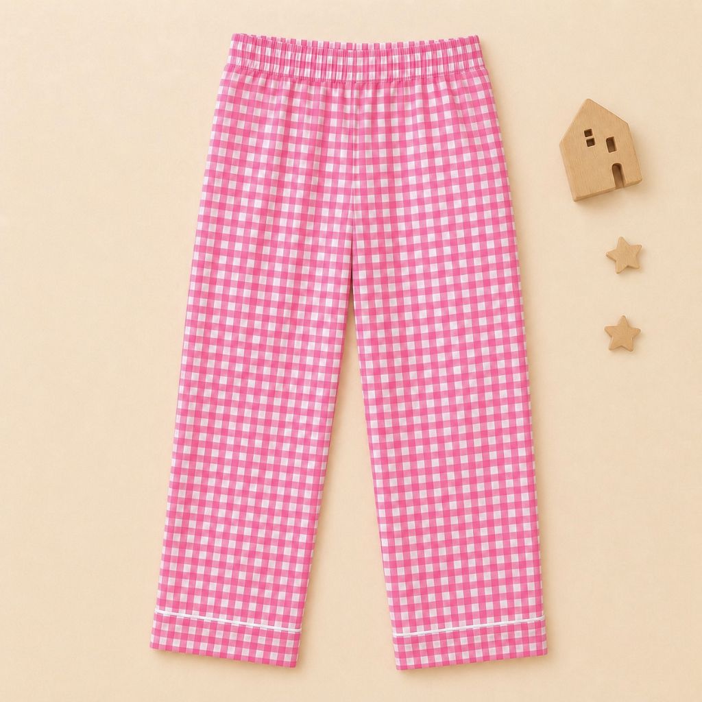 Pure Cotton Pink Gingham Night Suit for Girls | Full Sleeve Kids Pajama Set with Pockets