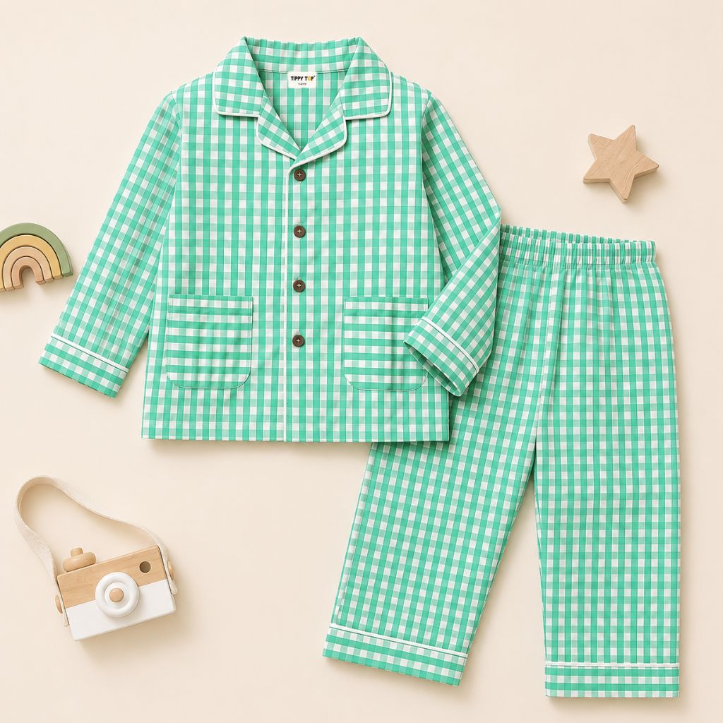 Kids Pure Cotton Night Suit | Green Gingham Checks Full Sleeve Shirt & Pyjama Set