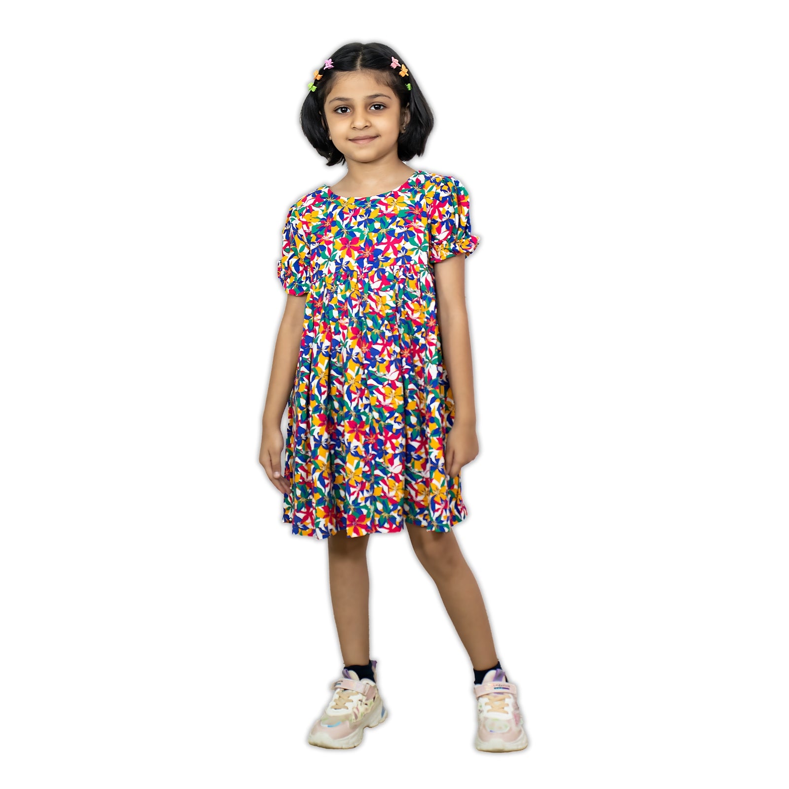 Girls Multicolor Floral Print Dress — Short Puff Sleeve Party Dress