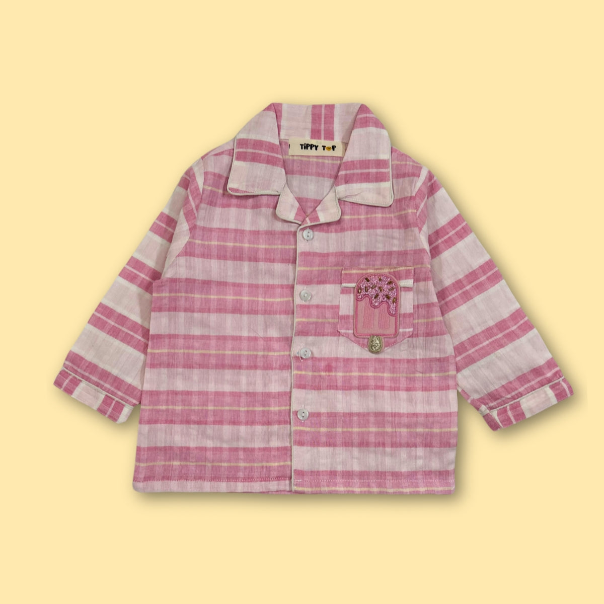 Cotton Pajama Set – Pink Striped Nightsuit with Ice Cream Patch