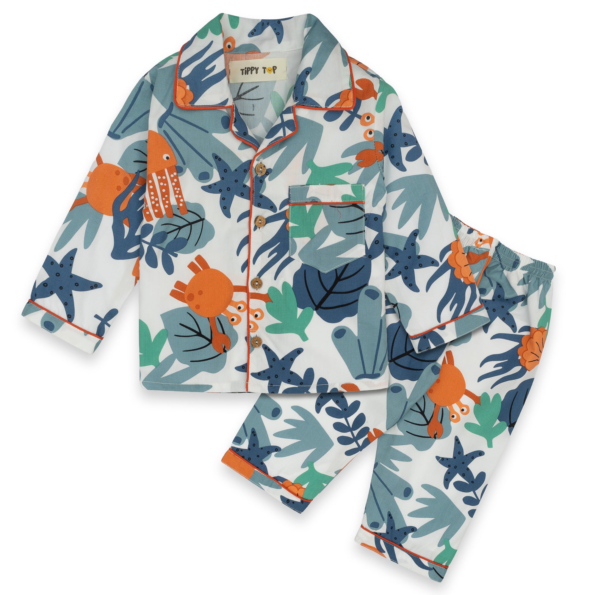 White Cotton Sea Animals Printed Nightsuit Set