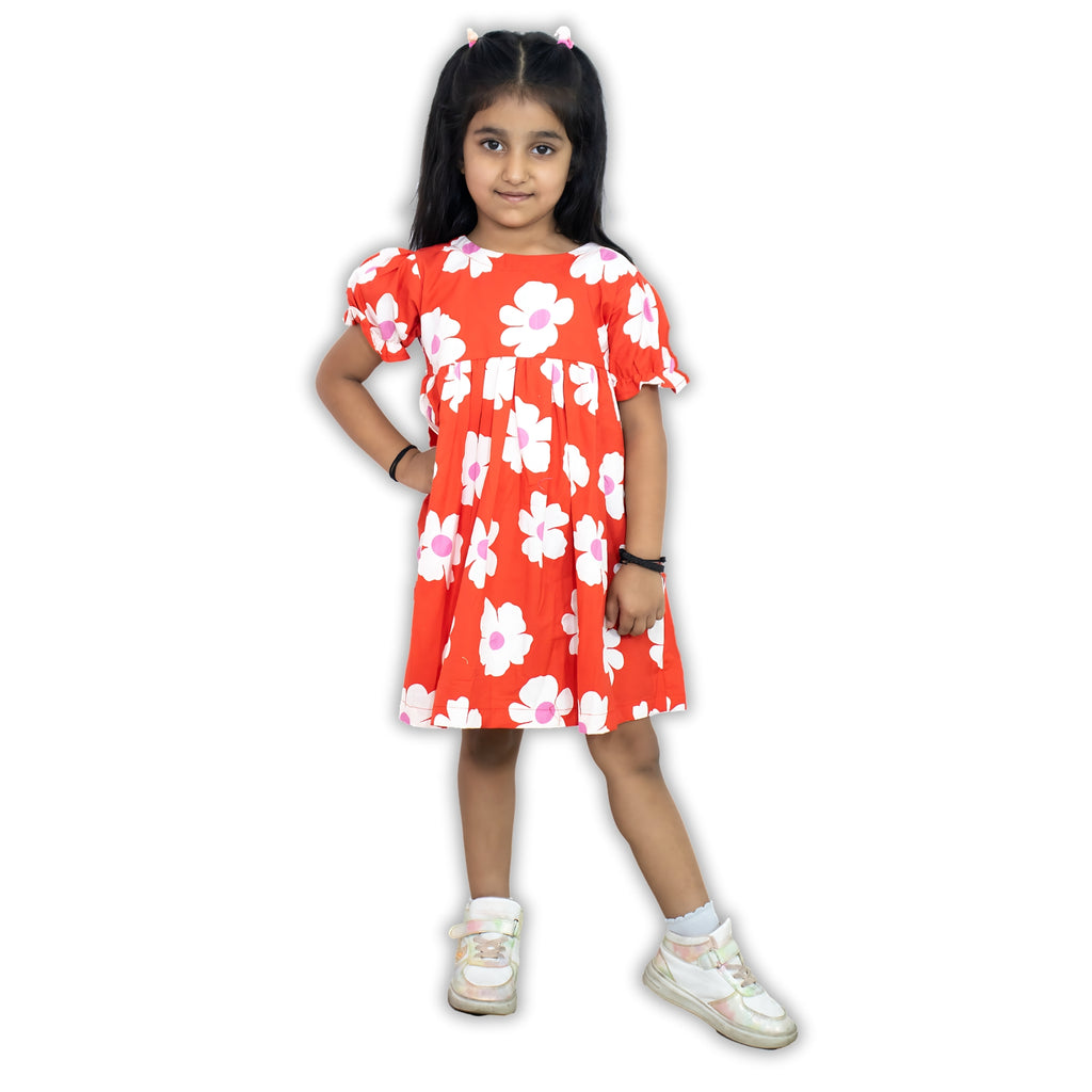 Girls Red Floral Dress -  Puff-Sleeve Cotton Party