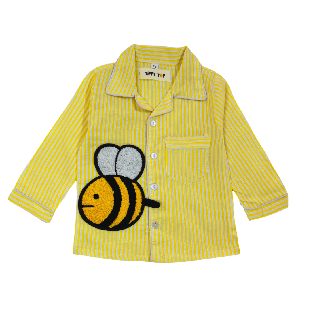 Yellow striped shirt with a bee design on a white background