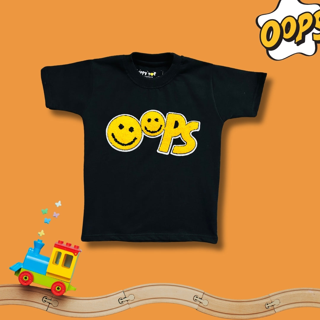 Kids Black “Oops” Smiley Motif T-Shirt