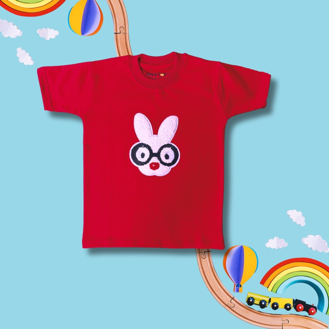 Kids Red Terri-Cot T-Shirt with Bunny Glasses Motif