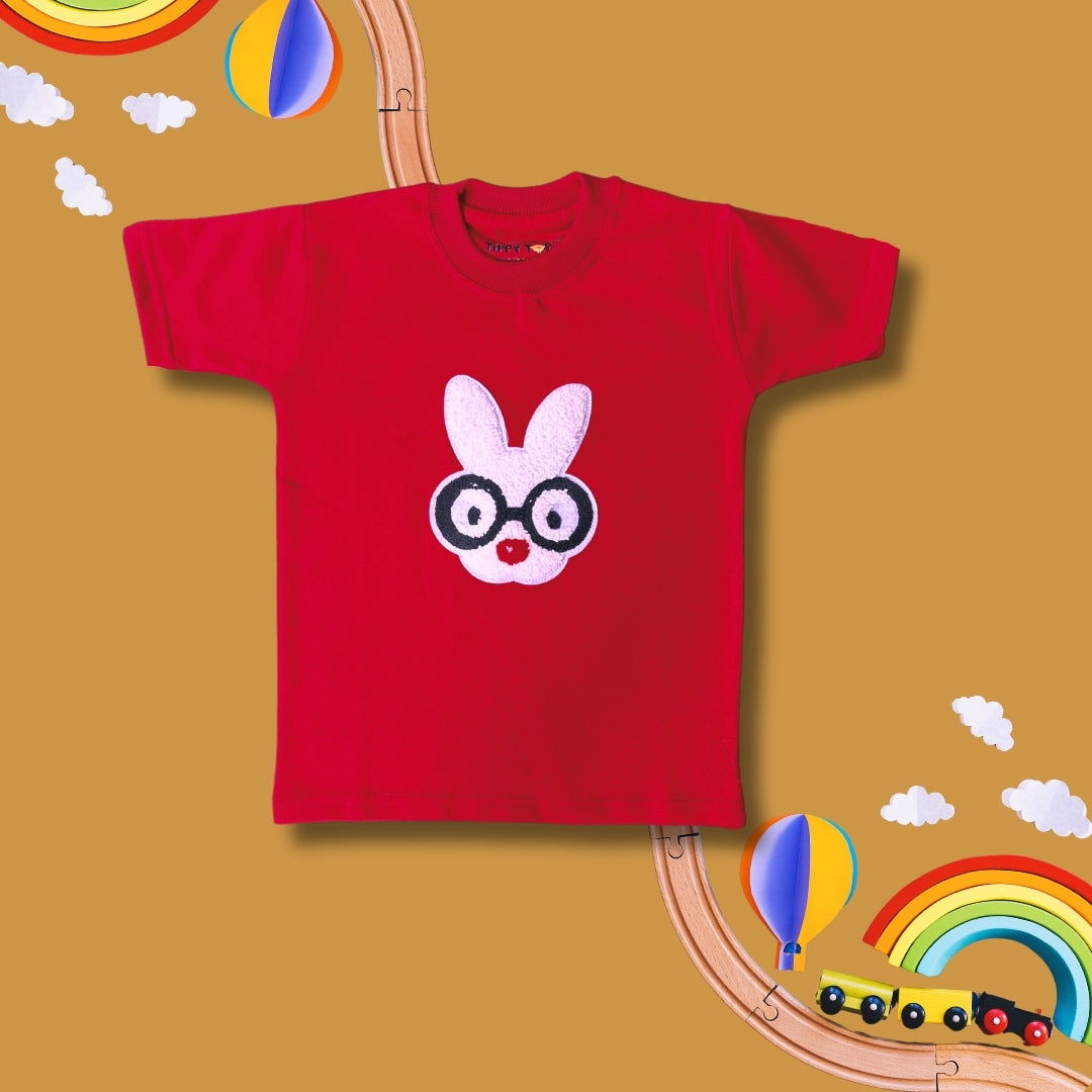 Kids Red Terri-Cot T-Shirt with Bunny Glasses Motif