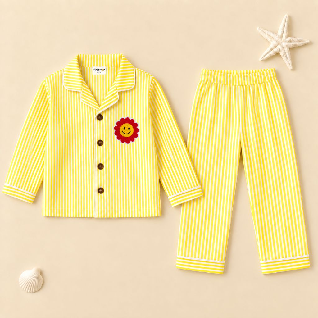 Kids Yellow Striped Cotton Night Suit with Smiley Flower Patch