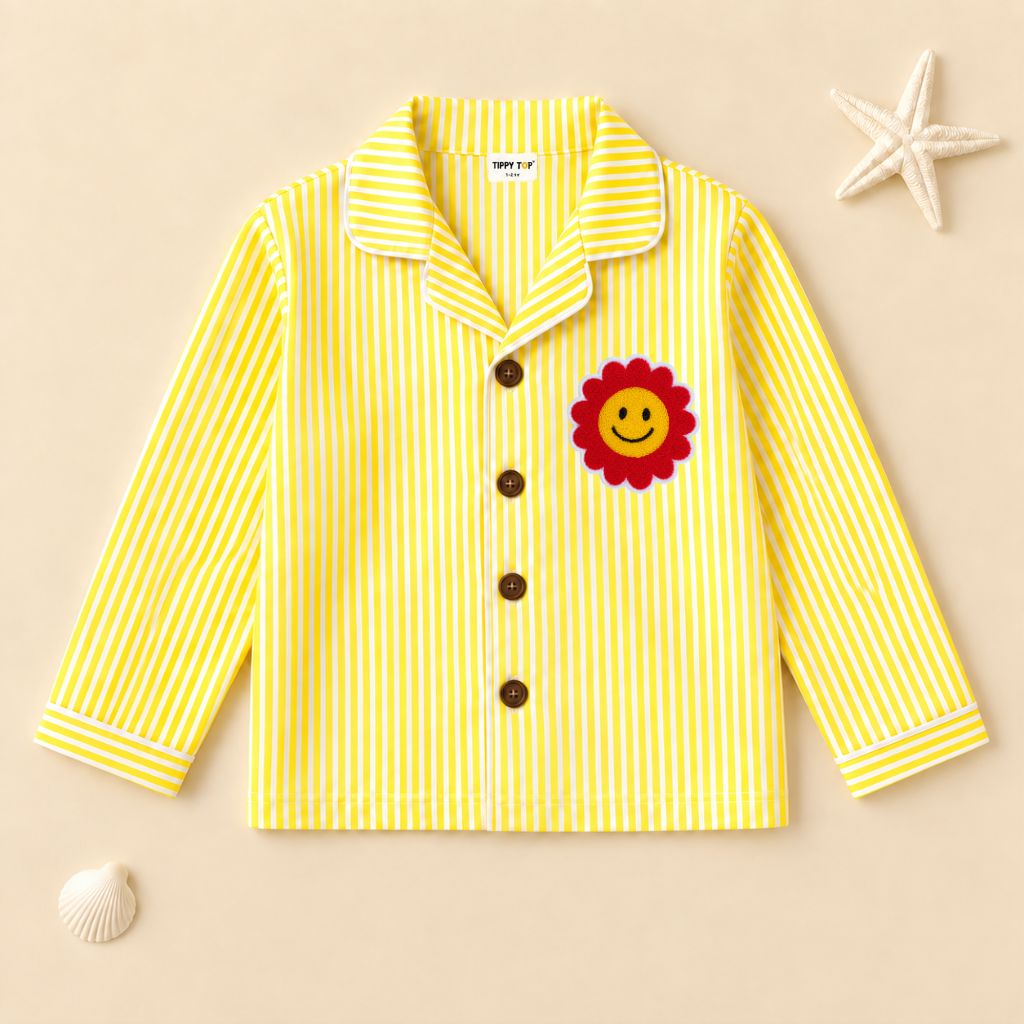 Kids Yellow Striped Cotton Night Suit with Smiley Flower Patch