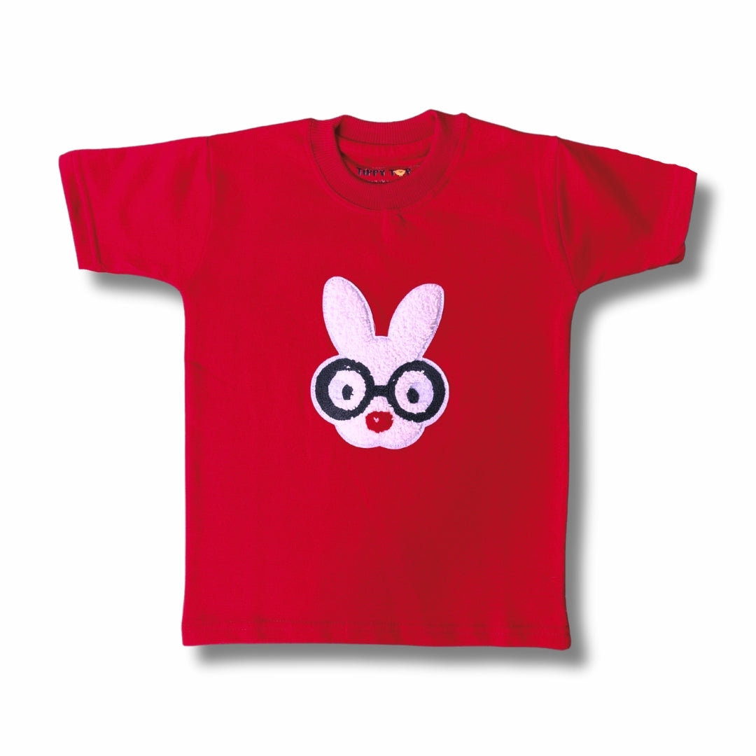 Kids Red Terri-Cot T-Shirt with Bunny Glasses Motif