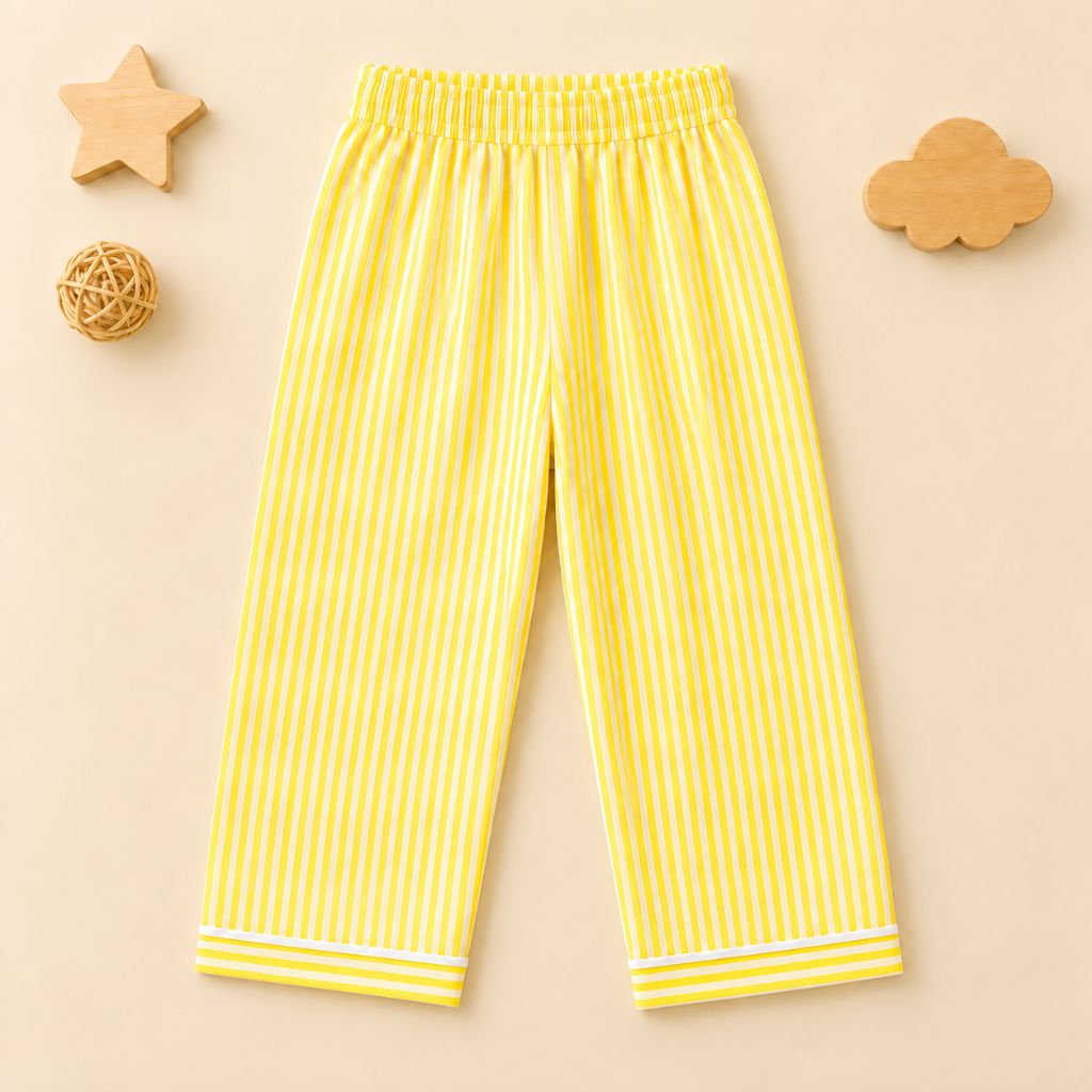 Kids Yellow Striped Cotton Night Suit with Smiley Flower Patch