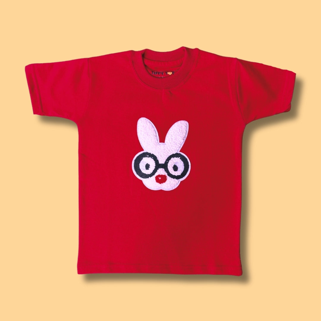 Kids Red Terri-Cot T-Shirt with Bunny Glasses Motif