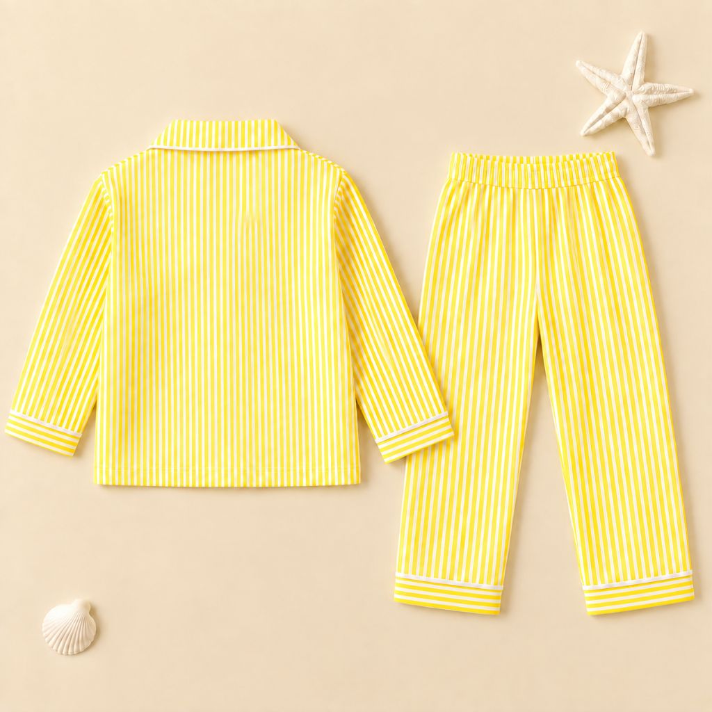 Kids Yellow Striped Cotton Night Suit with Smiley Flower Patch