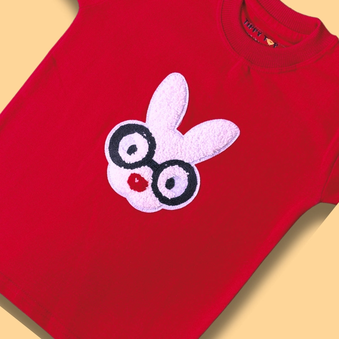 Kids Red Terri-Cot T-Shirt with Bunny Glasses Motif