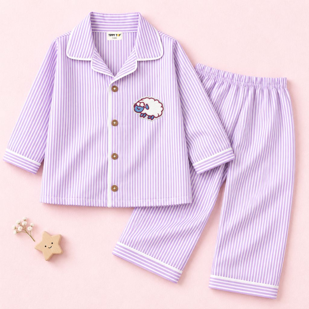 Kids Lavender Striped Cotton Night Suit with Counting Sheep Patch