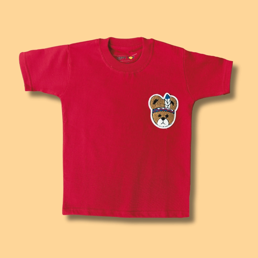 Kids Red Cotton T-Shirt with Teddy Patch Motif
