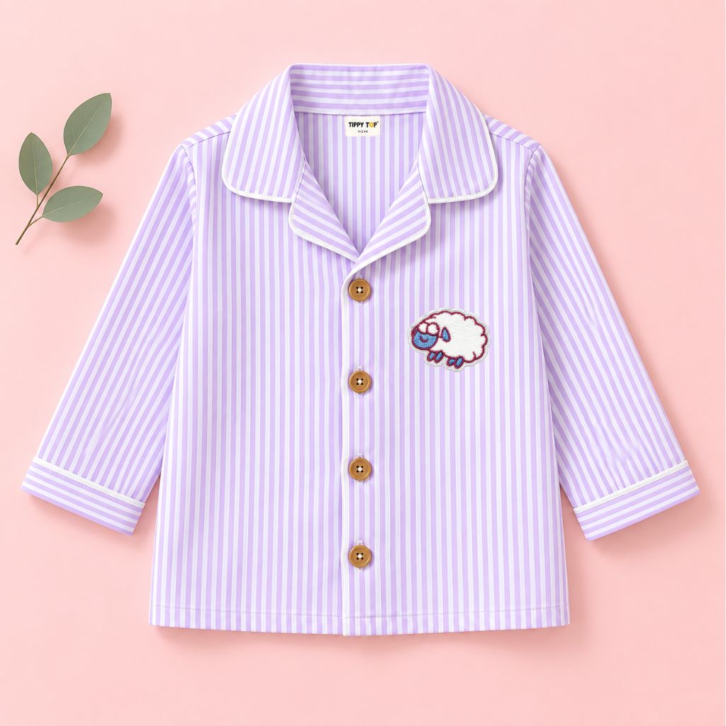 Kids Lavender Striped Cotton Night Suit with Counting Sheep Patch