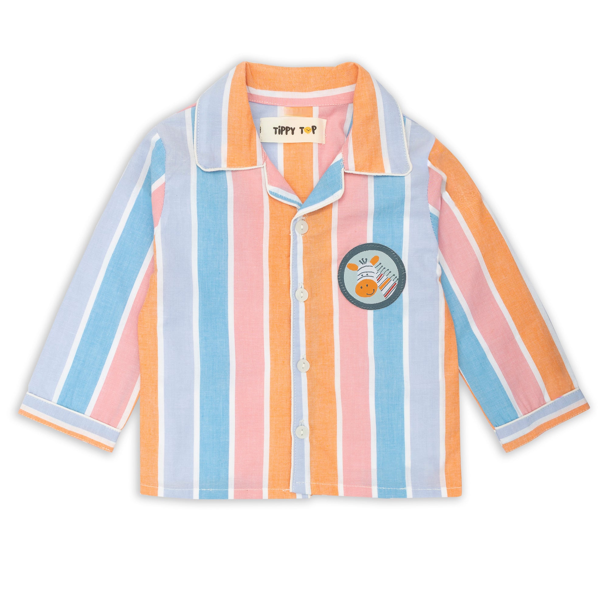 Giraffe ‑ Patch Striped Cotton Nightsuit –  Full‑Sleeves