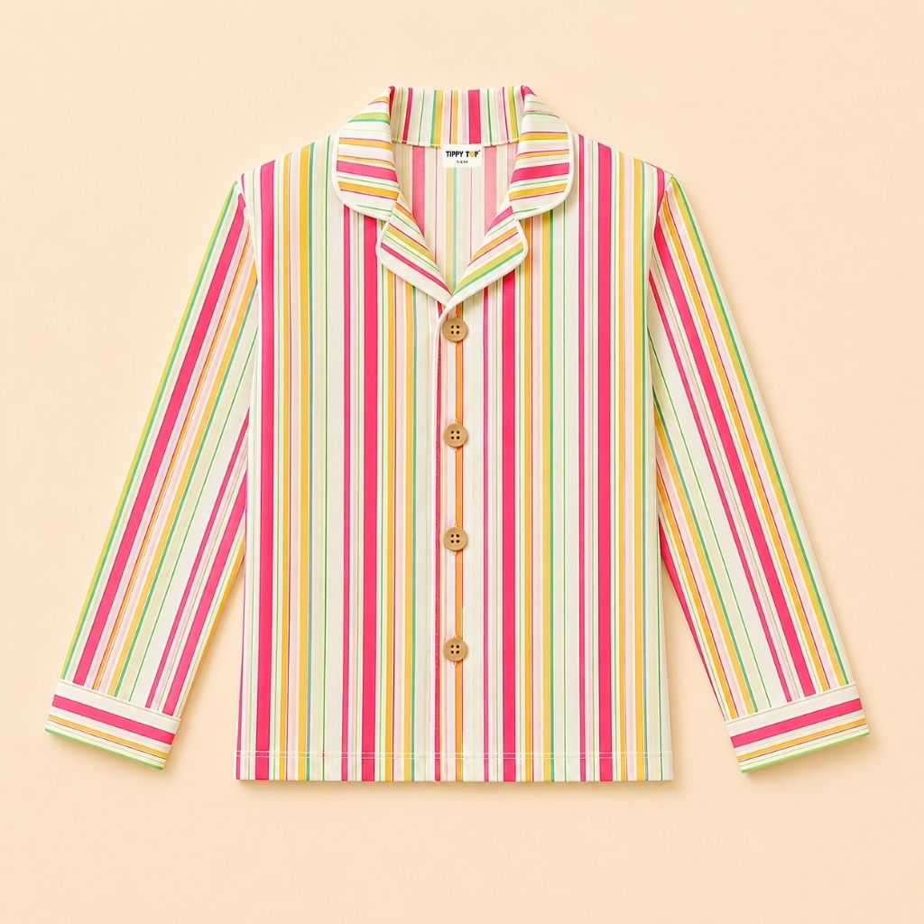 Cotton Woven Full Sleeves Multi Stripe Coordinating Shirt & Pajama Nightsuit Set for Kids