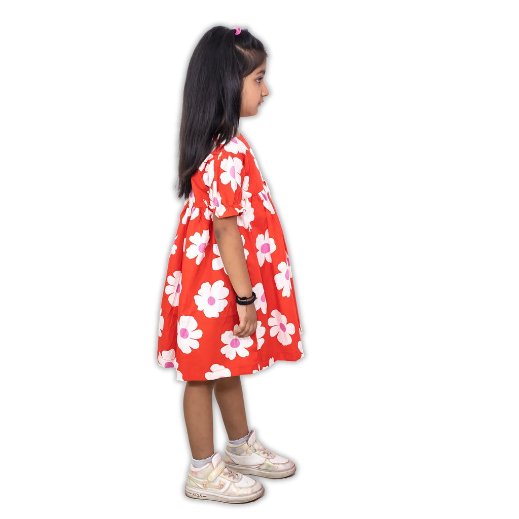 Girls Red Floral Dress -  Puff-Sleeve Cotton Party
