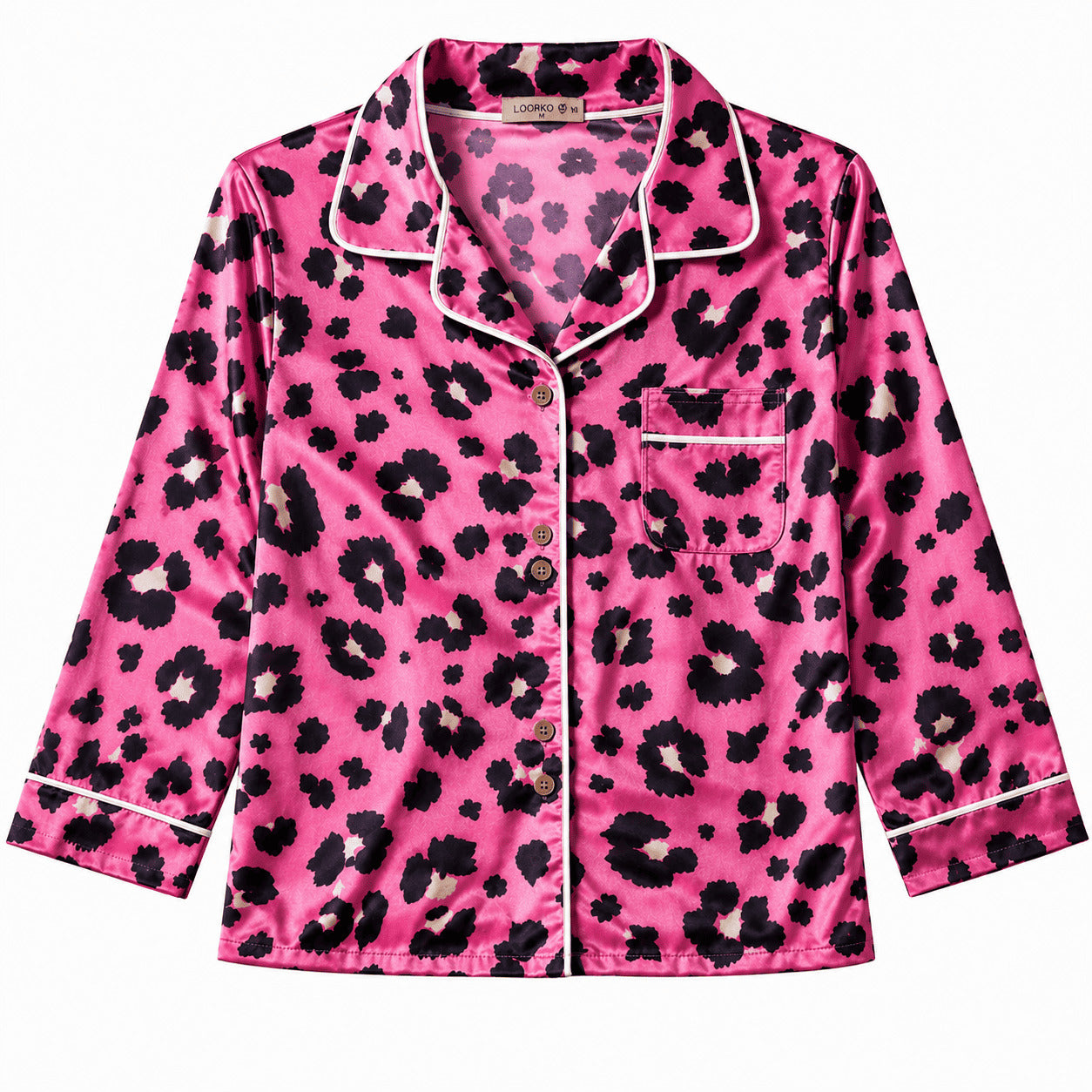 Girls pink leopard satin night suit – child wearing front view