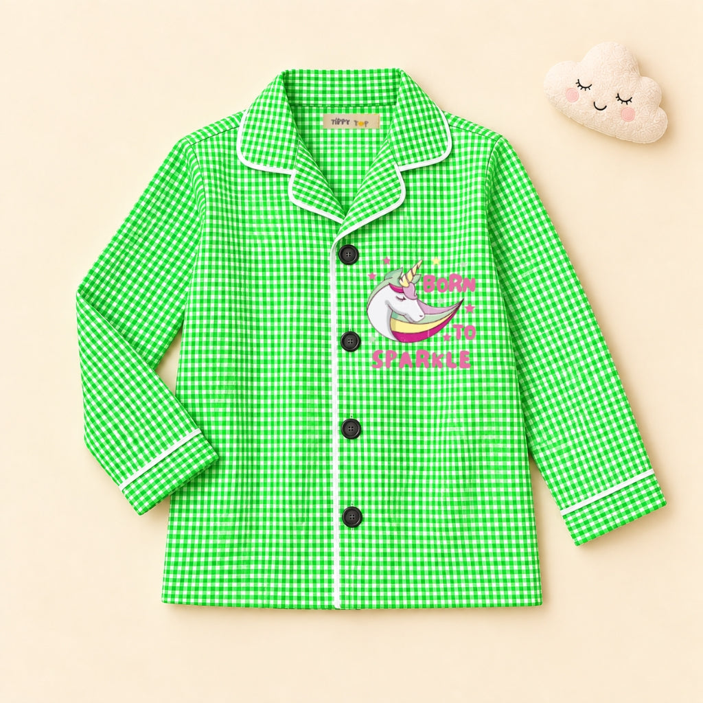 Cotton Full Sleeves Unicorn Sticker Green Ghingham Shirt & Pajama Nightsuit Set for Kids