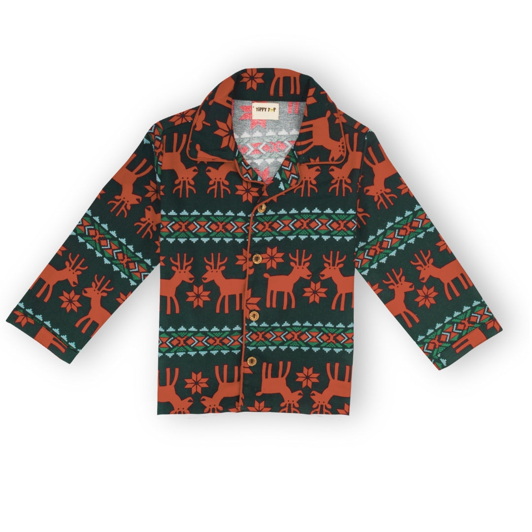 Winter Pajama Set – Red & Green Festive Reindeer Print Nightsuit