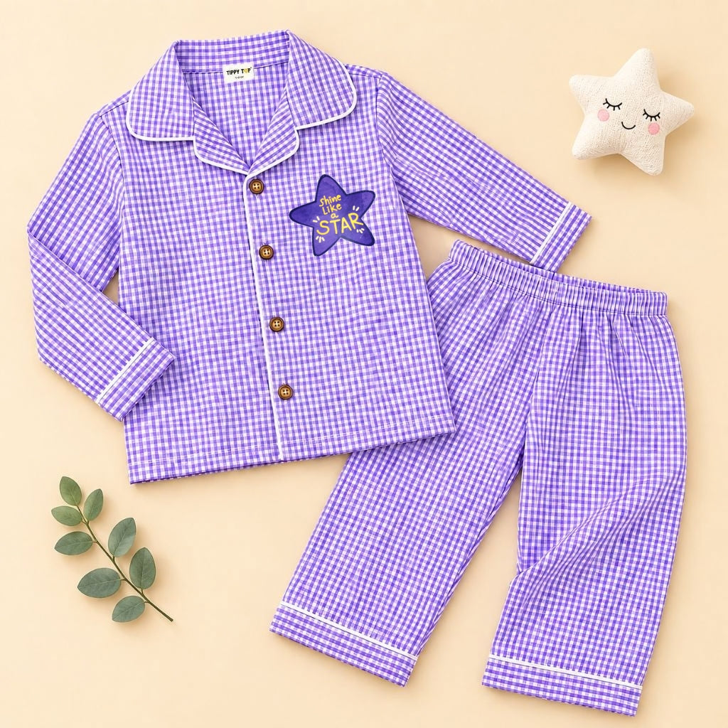 Cotton Full Sleeves Star Sticker Purple Ghingham Shirt & Pajama Nightsuit Set for Girls