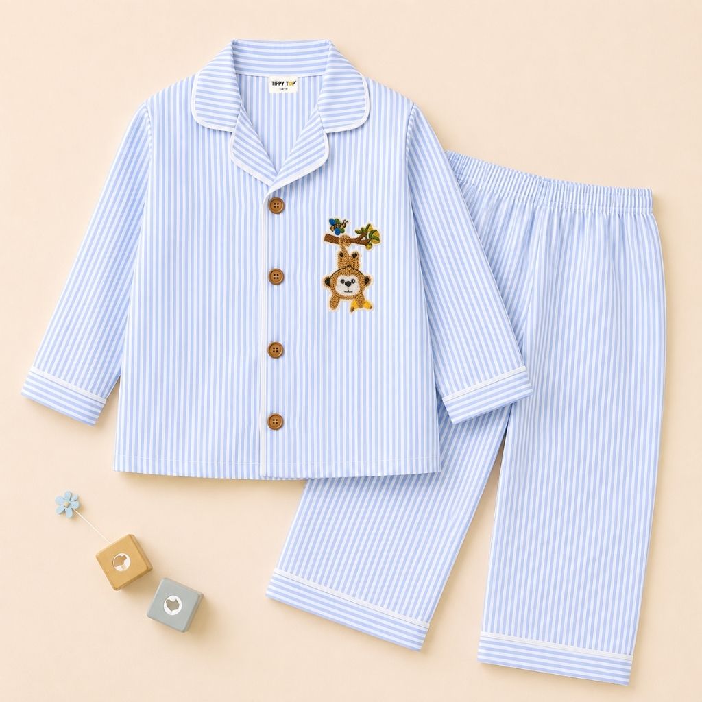 Kids striped monkey patch night suit – flat lay product view