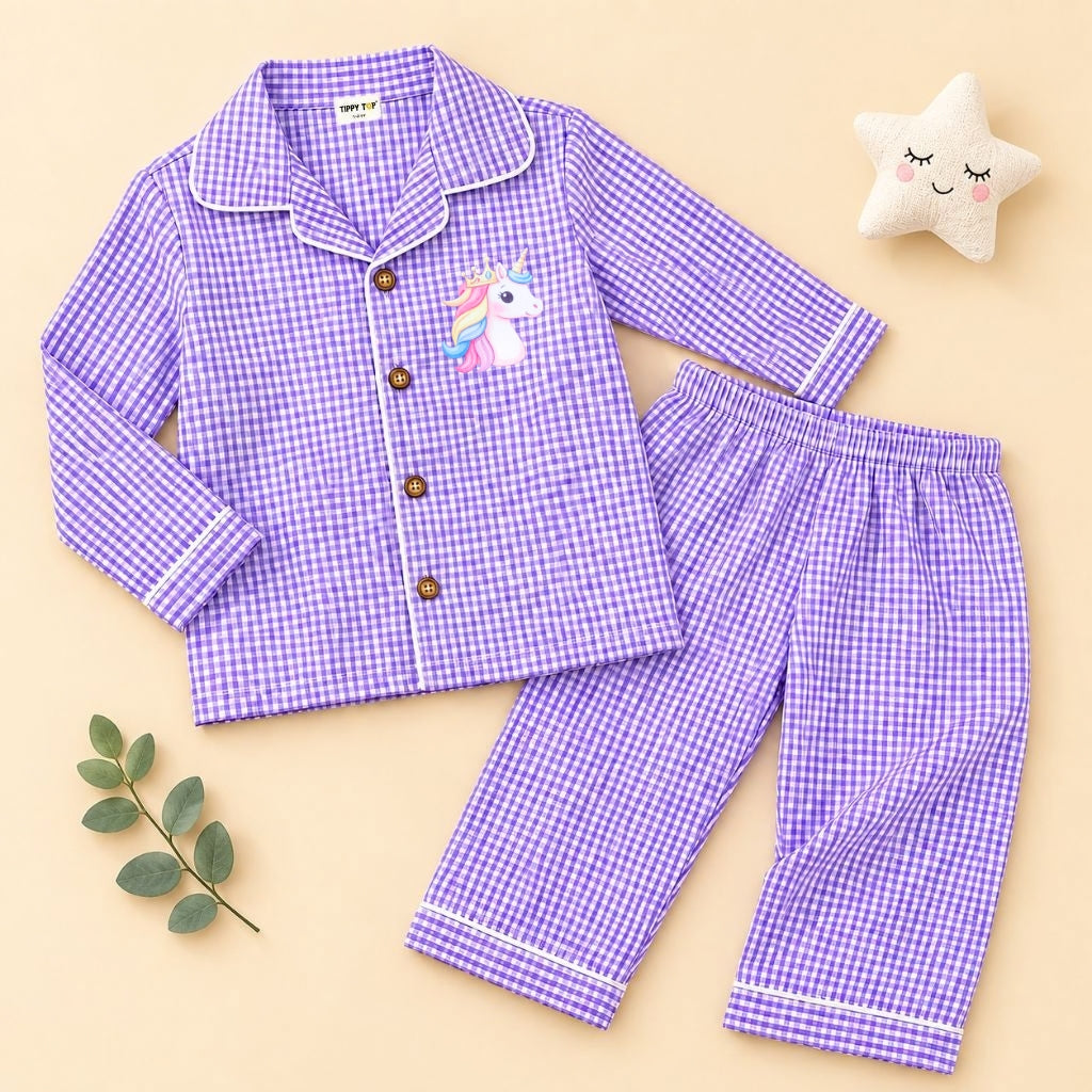 Girls Purple Gingham Cotton Night Suit with Unicorn Sticker