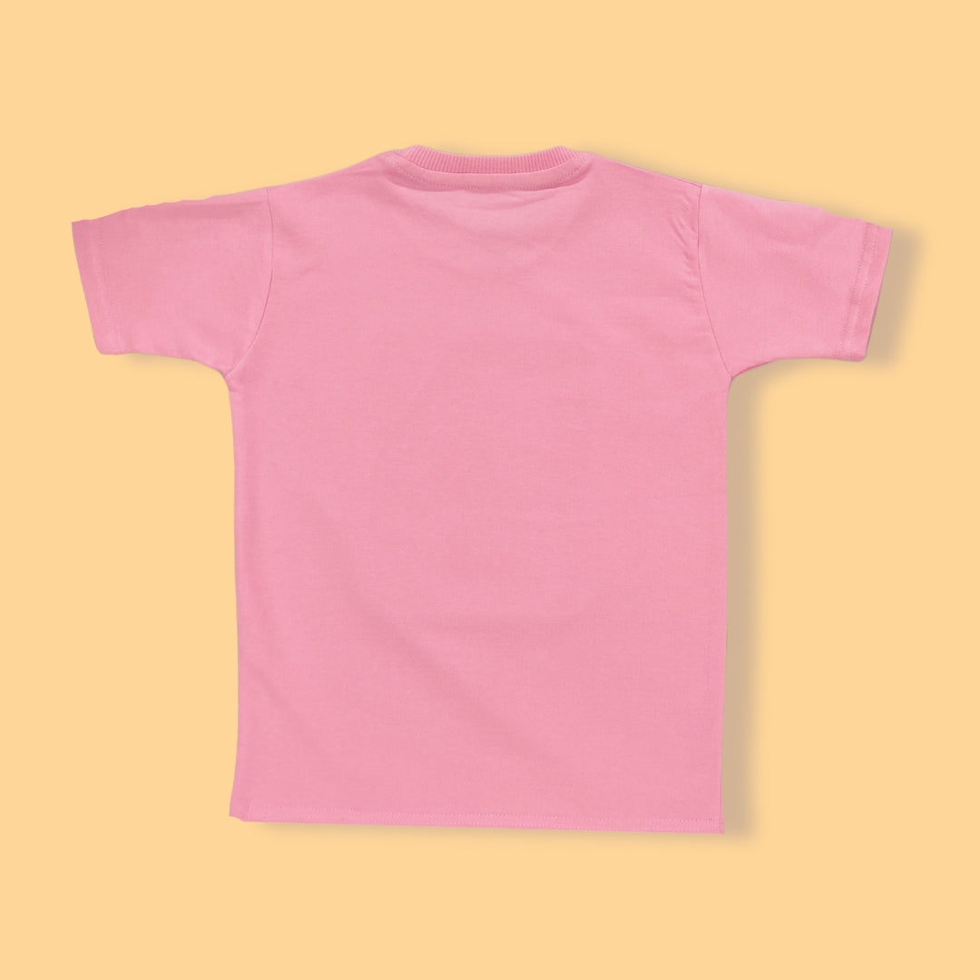 Kids Pink Cotton T-Shirt with Denim Patch | Space Rocket Graphic Tee