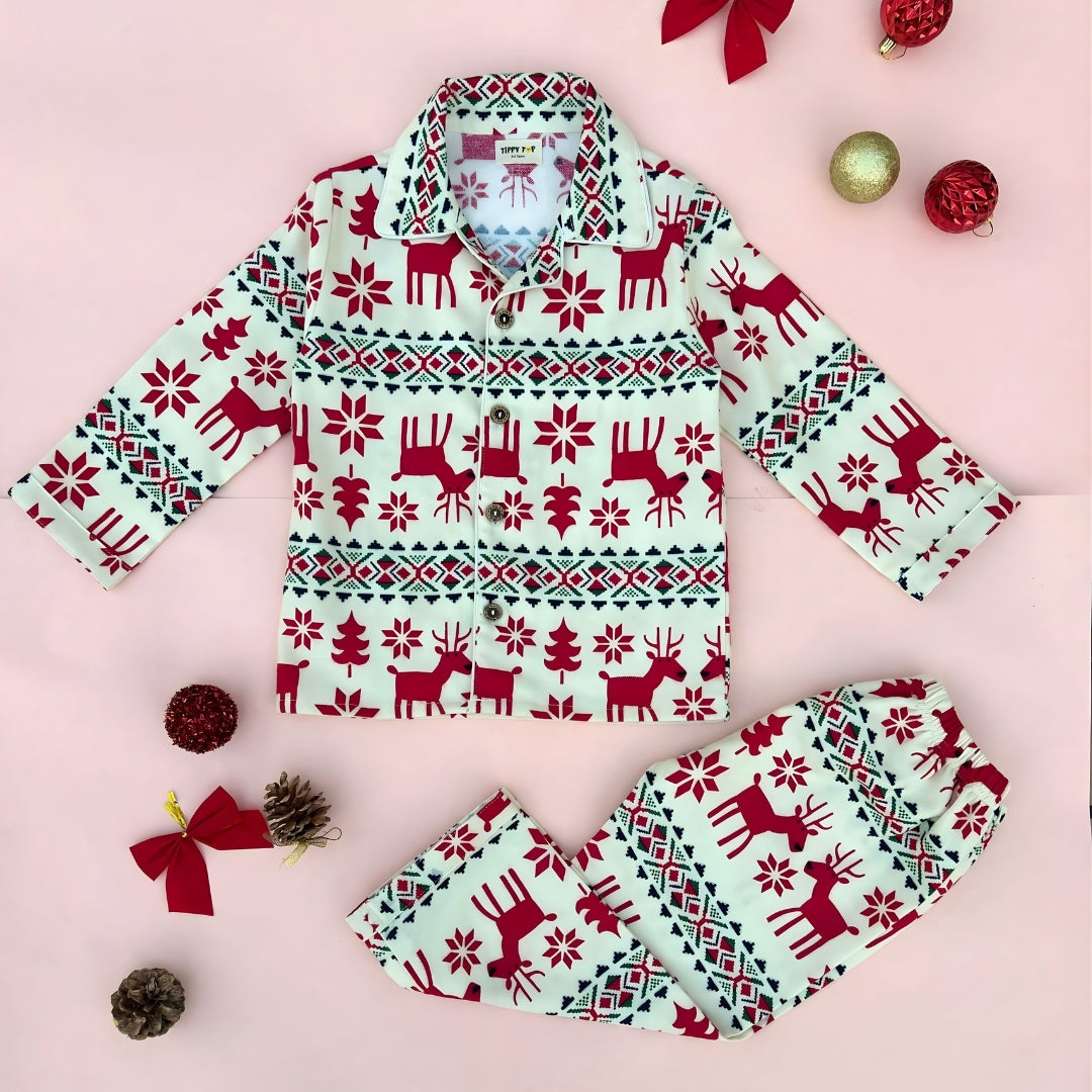 Winter Pajama Set – Red & Cream Christmas Reindeer Nightsuit