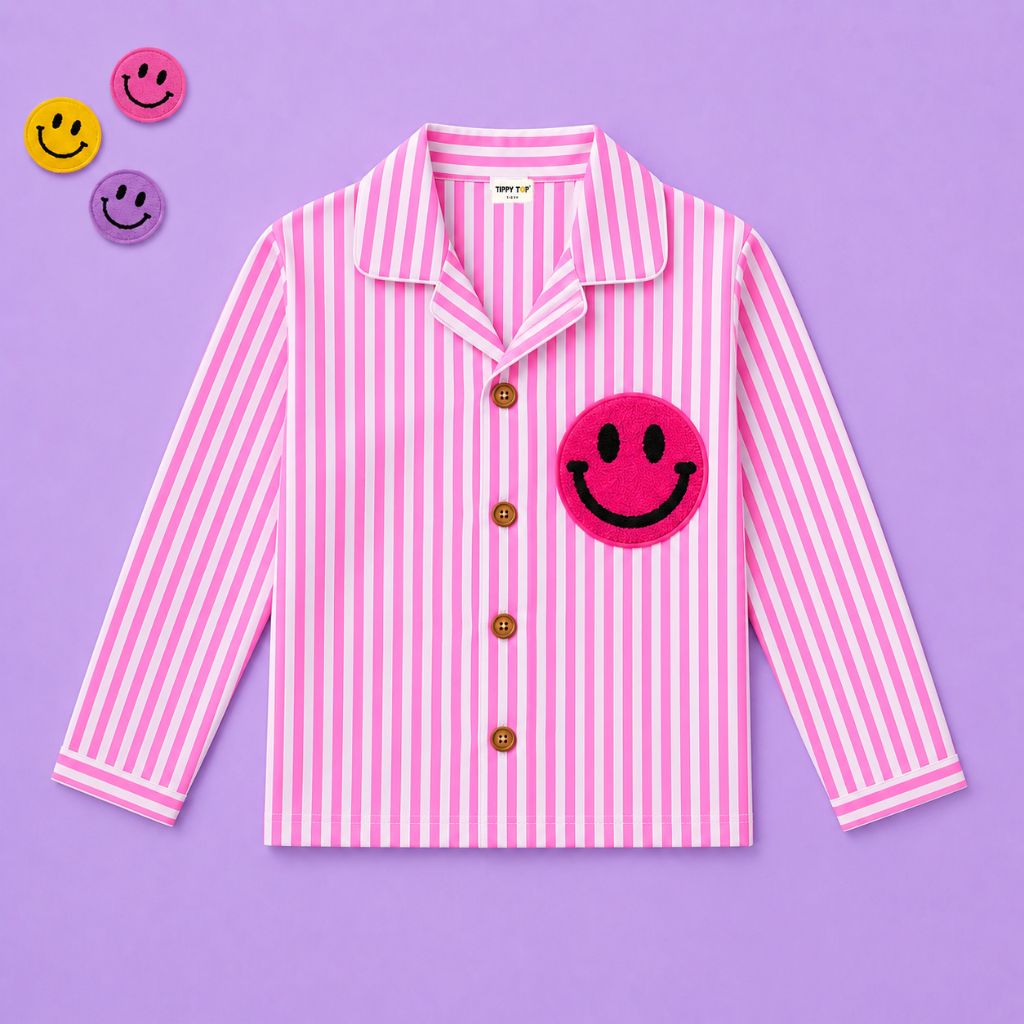 Pink Striped Smiley Cotton Kids Night Suit