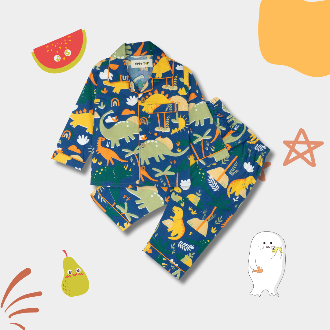 Blue Cotton Dinosaur Printed Nightsuit Set