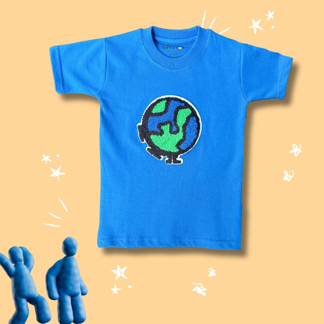 Blue Cotton T-Shirt Earth Patch