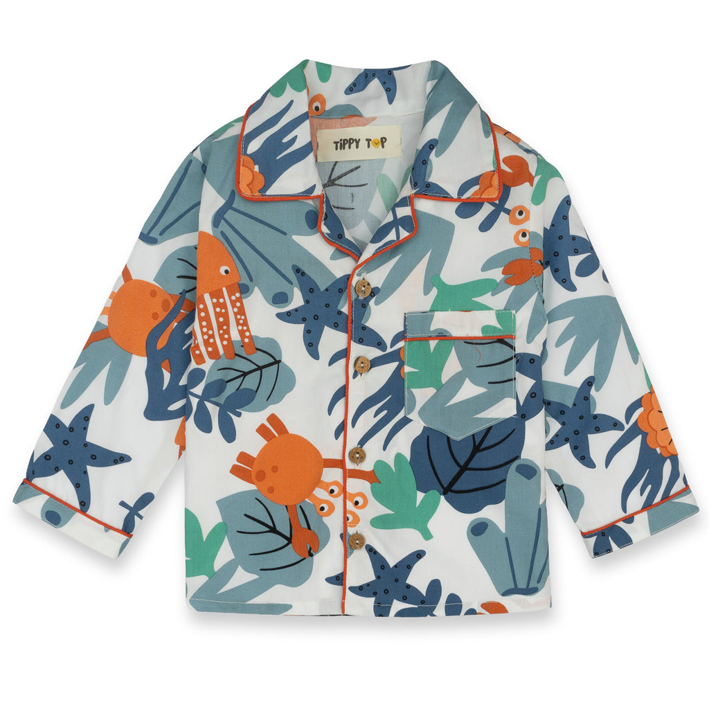 White Cotton Sea Animals Printed Nightsuit Set