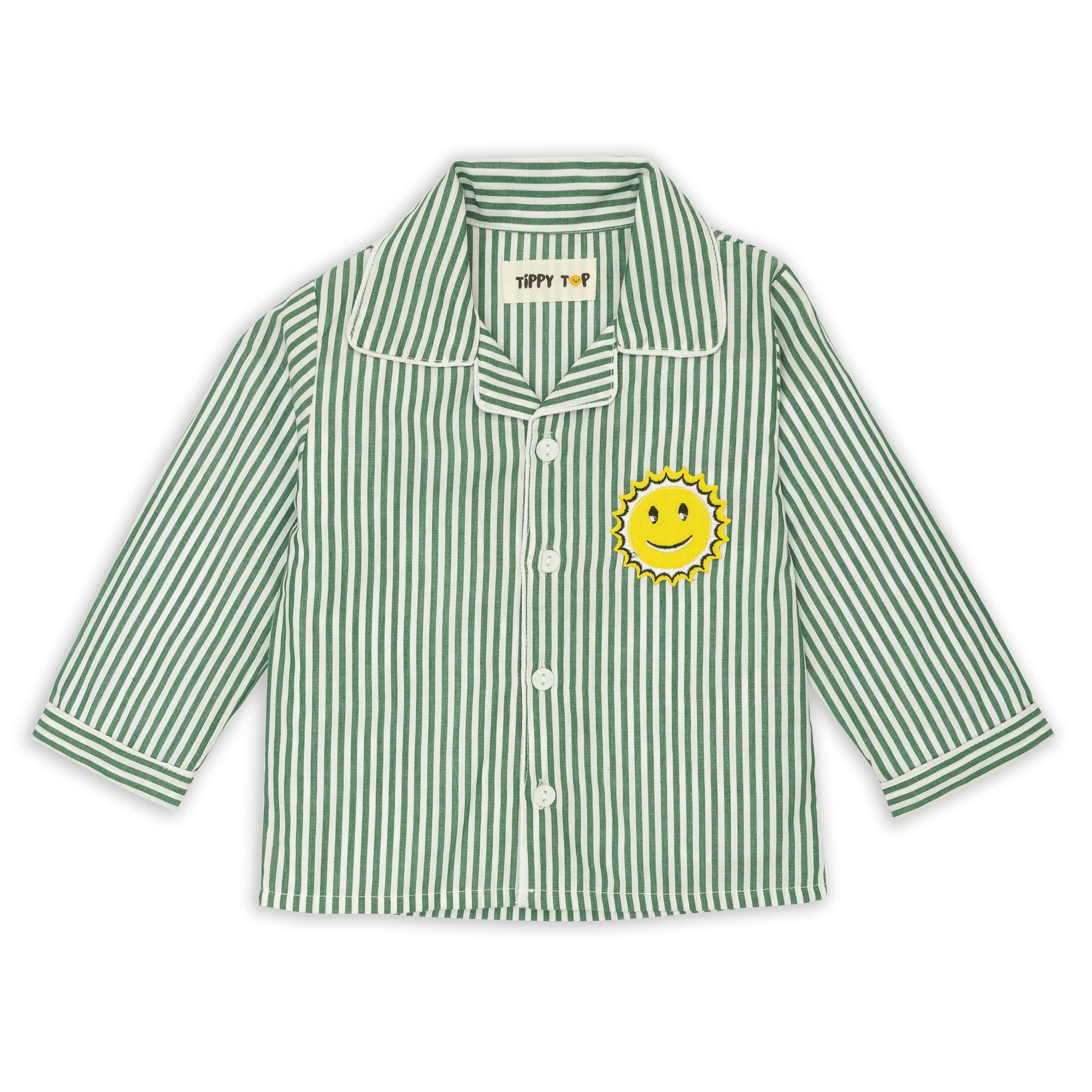 Green Cotton Striped Sun Patch Nightsuit Set