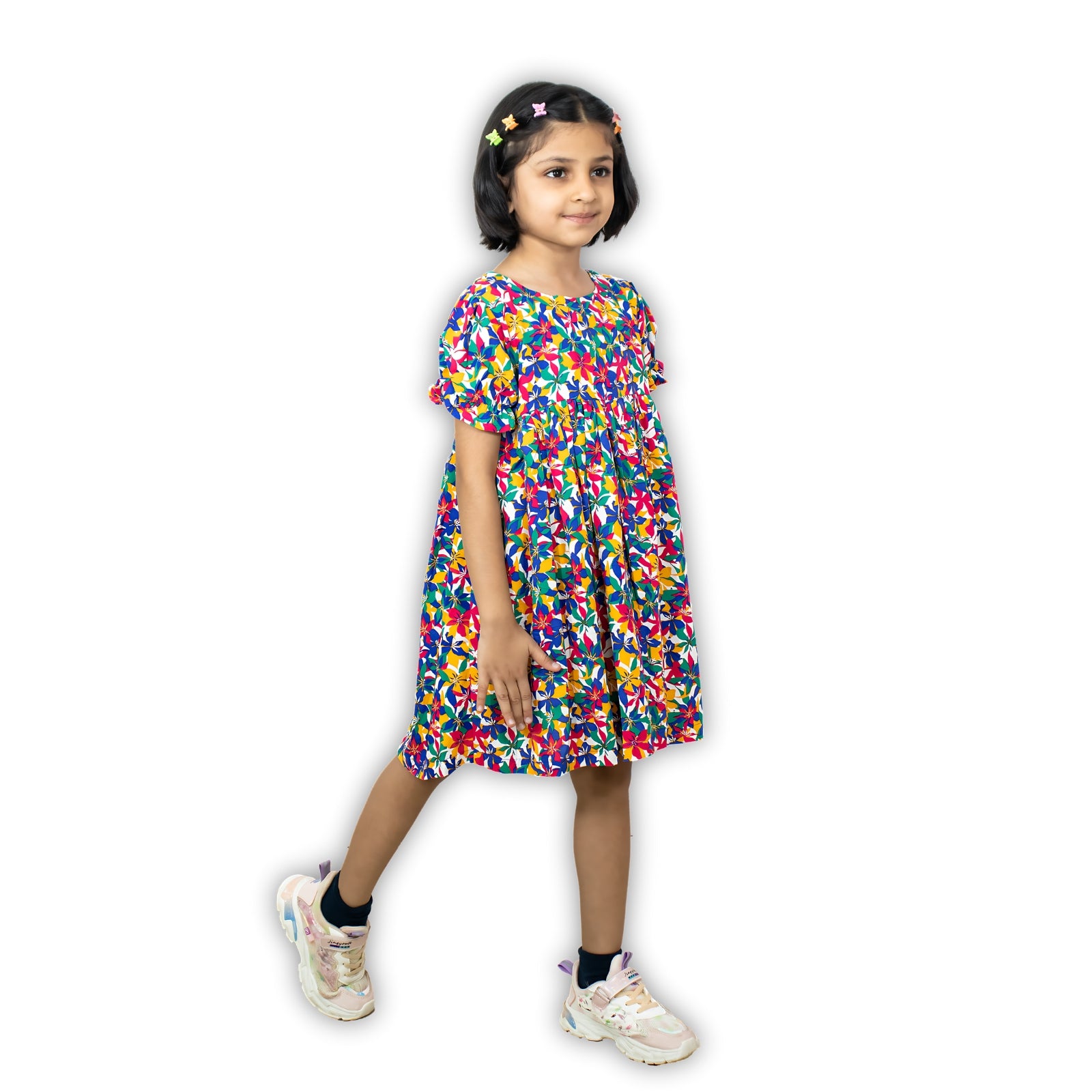 Girls Multicolor Floral Print Dress — Short Puff Sleeve Party Dress