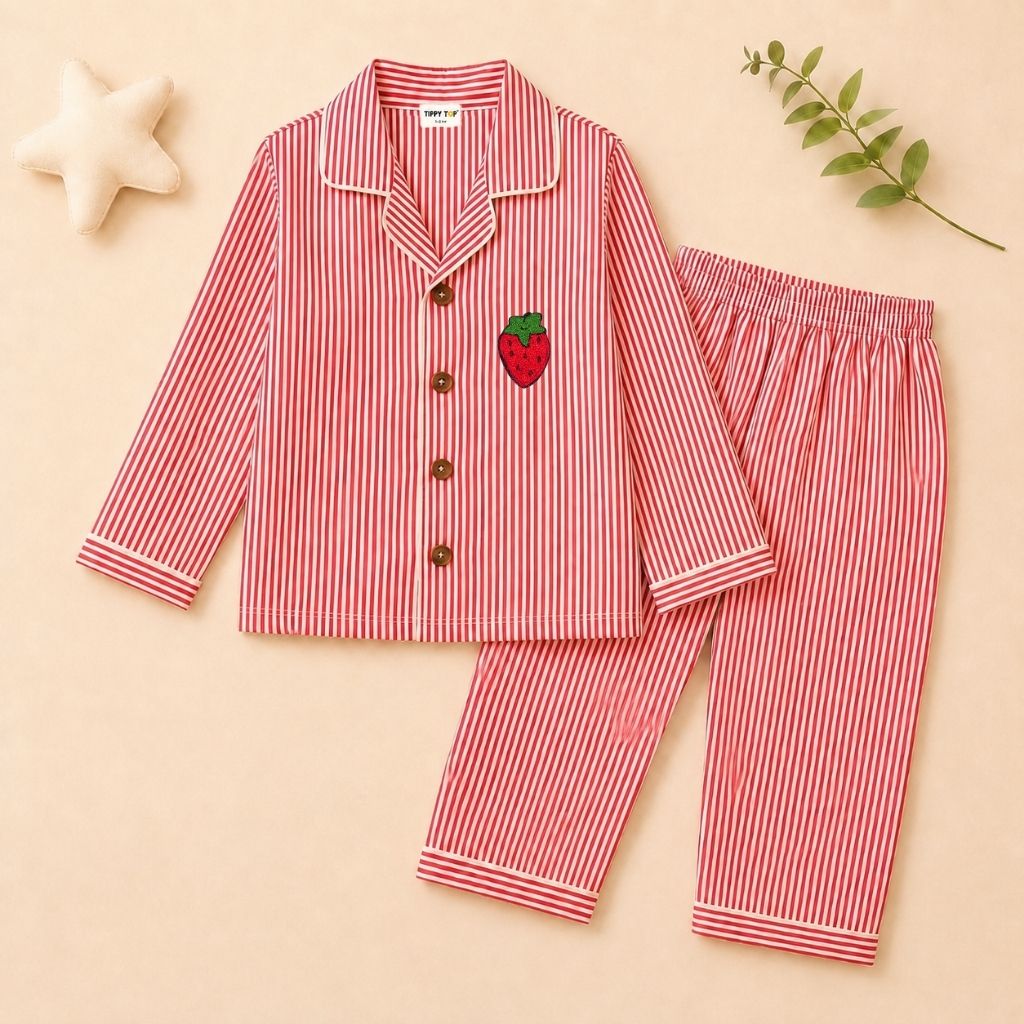 Cotton Full Sleeves Strawberry Patch Striped Shirt & Pajama Nightsuit Set for Girls