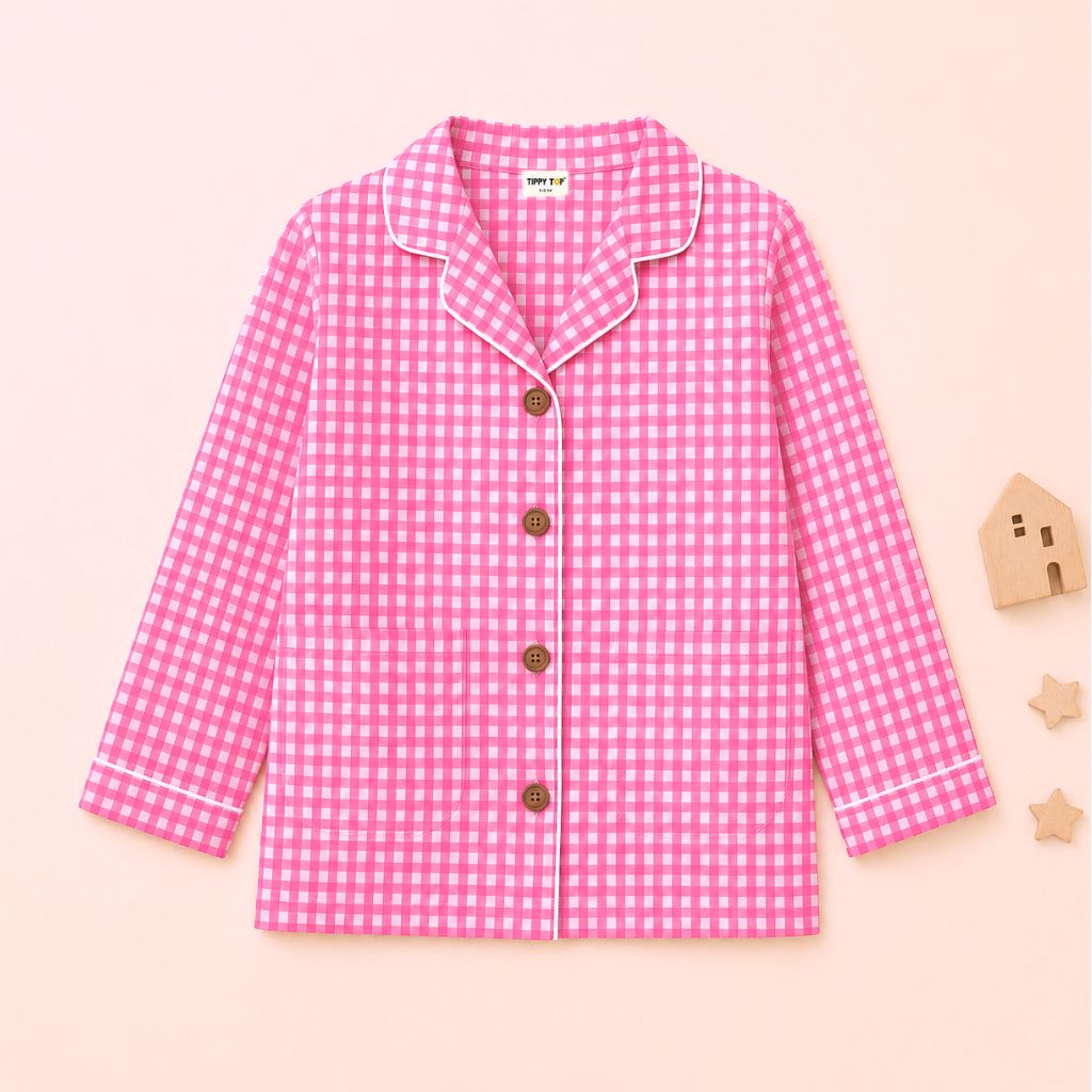 Pure Cotton Pink Gingham Night Suit for Girls | Full Sleeve Kids Pajama Set with Pockets