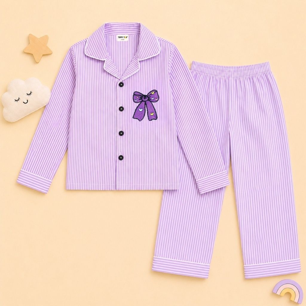 Girls Lavender Striped Cotton Night Suit With Bow Patch | Full Sleeves