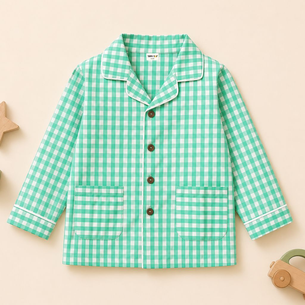 Kids Pure Cotton Night Suit | Green Gingham Checks Full Sleeve Shirt & Pyjama Set